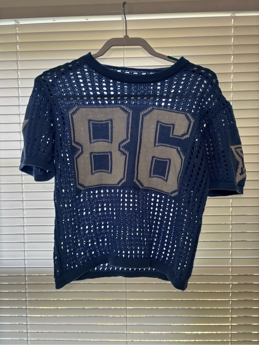 Navy Open-Knit Crop Top with '86 Graphic